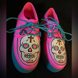ONLY TRIED ON! Strange cult Krypt Muerte Pink size 11 creepers sugar skulls webs